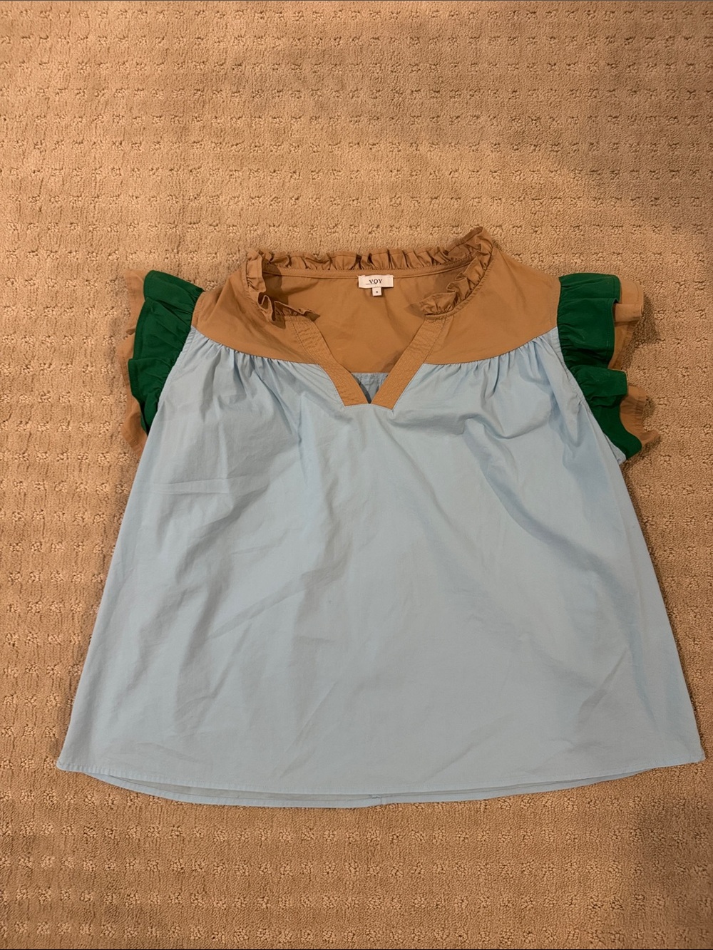 VOY Colorblock Ruffle Sleeve Tunic - Light Blue / Tan / Green